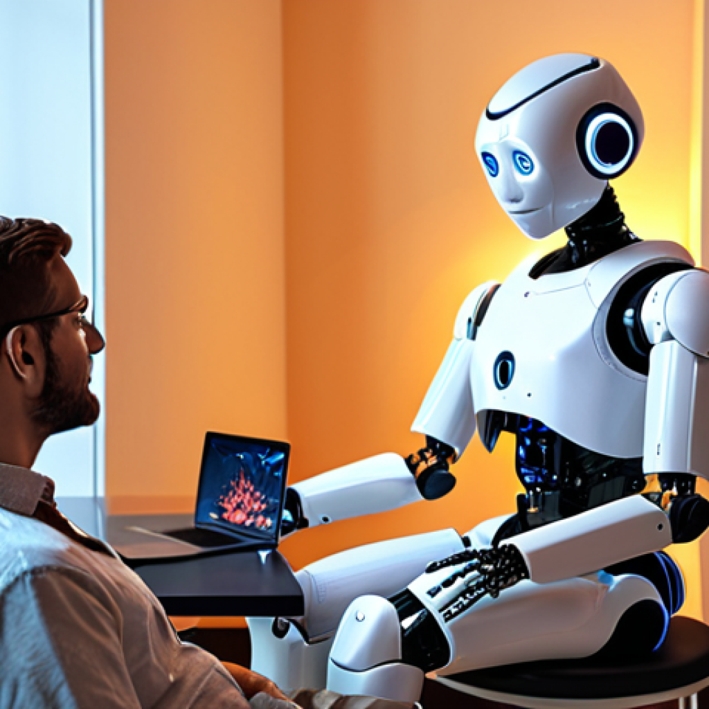**Image Prompt 1: Access to Psychological Therapy**
   - A serene and inviting virtual therapy room featuring a friendly robot offering support to a person sitting in front of a computer. The scene should convey a sense of comfort and accessibility, emphasizing the idea of online therapy available 24/