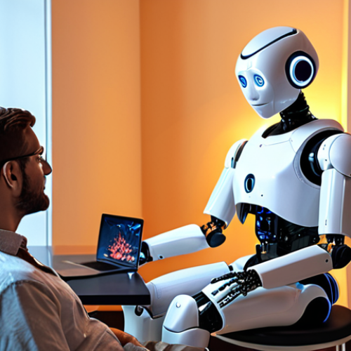 **Image Prompt 1: Access to Psychological Therapy**
   - A serene and inviting virtual therapy room featuring a friendly robot offering support to a person sitting in front of a computer. The scene should convey a sense of comfort and accessibility, emphasizing the idea of online therapy available 24/