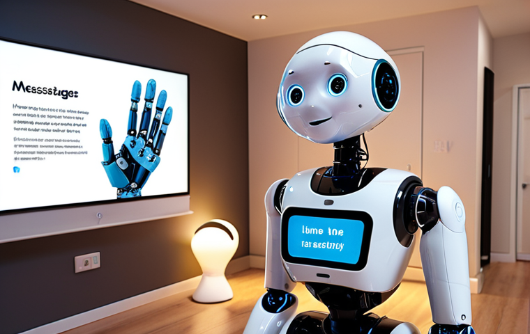 ** A friendly-looking robot with a screen displaying supportive messages, in a brightly lit, modern home setting. Emphasis on accessibility and a non-judgmental atmosphere.
**