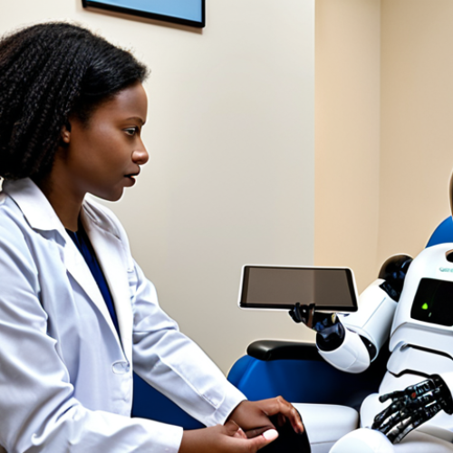**

A futuristic clinic setting. A friendly-looking therapy robot sits across from a diverse patient in a comfortable chair. A concerned human therapist observes from the background, holding a tablet displaying data from the robot's session. The scene highlights the *collaboration* between human therapists and AI robots in mental healthcare, with a focus on accessibility, potentially with a tagline "Mental Health Support for All."

**