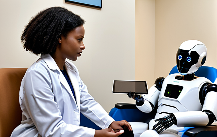 **
A futuristic clinic setting. A friendly-looking therapy robot sits across from a diverse patient in a comfortable chair. A concerned human therapist observes from the background, holding a tablet displaying data from the robot's session. The scene highlights the *collaboration* between human therapists and AI robots in mental healthcare, with a focus on accessibility, potentially with a tagline "Mental Health Support for All."
**