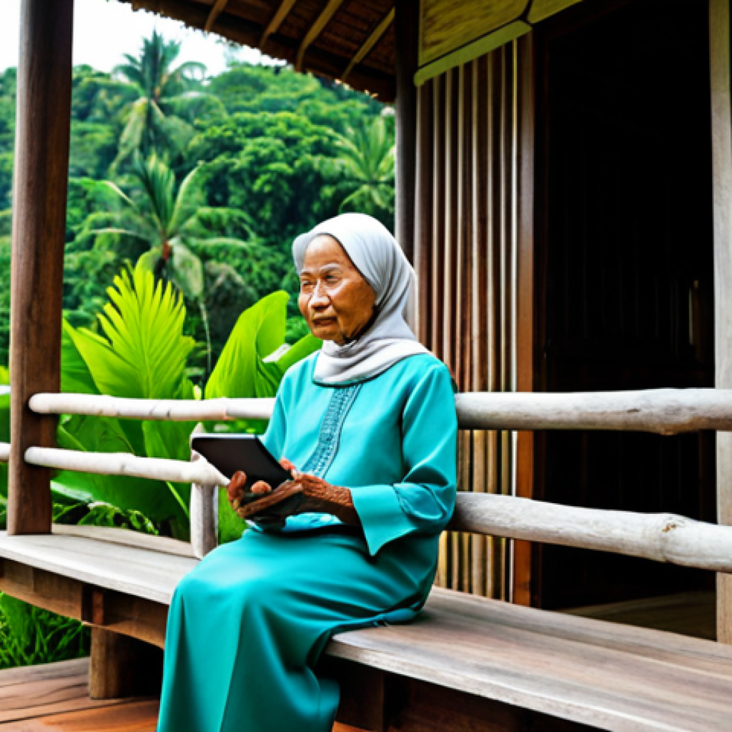 A serene elderly Malay woman in a modest baju kurung, seated on the wooden porch of a traditional kampung house. She is gently holding a modern tablet, looking at the screen with a thoughtful expression. The background features lush green tropical foliage and soft, warm daylight, emphasizing accessibility in rural areas. The scene conveys a sense of peaceful contemplation and connection with technology.
    fully clothed, modest clothing, appropriate attire, professional dress, safe for work, appropriate content, perfect anatomy, correct proportions, natural pose, well-formed hands, proper finger count, natural body proportions, professional photography, high quality.