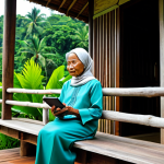 A serene elderly Malay woman in a modest baju kurung, seated on the wooden porch of a traditional kampung house. She is gently holding a modern tablet, looking at the screen with a thoughtful expression. The background features lush green tropical foliage and soft, warm daylight, emphasizing accessibility in rural areas. The scene conveys a sense of peaceful contemplation and connection with technology.
    fully clothed, modest clothing, appropriate attire, professional dress, safe for work, appropriate content, perfect anatomy, correct proportions, natural pose, well-formed hands, proper finger count, natural body proportions, professional photography, high quality.