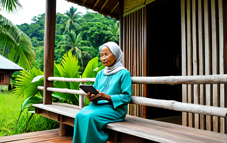 A serene elderly Malay woman in a modest baju kurung, seated on the wooden porch of a traditional kampung house. She is gently holding a modern tablet, looking at the screen with a thoughtful expression. The background features lush green tropical foliage and soft, warm daylight, emphasizing accessibility in rural areas. The scene conveys a sense of peaceful contemplation and connection with technology.
    fully clothed, modest clothing, appropriate attire, professional dress, safe for work, appropriate content, perfect anatomy, correct proportions, natural pose, well-formed hands, proper finger count, natural body proportions, professional photography, high quality.