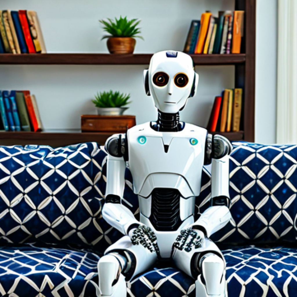 **

"A friendly-looking, modern robot sitting on a comfortable batik-patterned sofa in a bright, airy Malaysian home. The robot is gesturing reassuringly with a well-formed hand. In the background, you can see plants and bookshelves.  Fully clothed, modest, appropriate attire. Safe for work. Appropriate content. Professional. Perfect anatomy, correct proportions, natural pose, well-formed hands, proper finger count, natural body proportions. The scene conveys a sense of calm and well-being, promoting mental health awareness in a family-friendly setting. High quality, professional illustration."

**