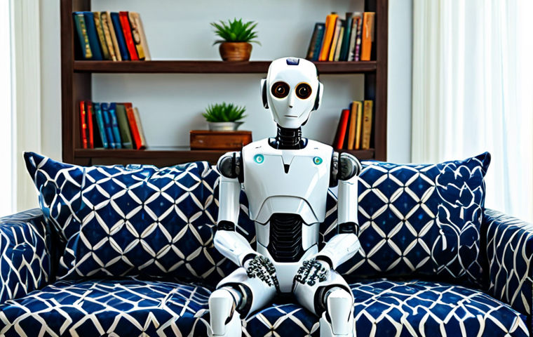 **

"A friendly-looking, modern robot sitting on a comfortable batik-patterned sofa in a bright, airy Malaysian home. The robot is gesturing reassuringly with a well-formed hand. In the background, you can see plants and bookshelves.  Fully clothed, modest, appropriate attire. Safe for work. Appropriate content. Professional. Perfect anatomy, correct proportions, natural pose, well-formed hands, proper finger count, natural body proportions. The scene conveys a sense of calm and well-being, promoting mental health awareness in a family-friendly setting. High quality, professional illustration."

**