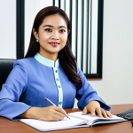 A Malaysian businesswoman in a modest baju kurung, sitting at a desk in a modern Kuala Lumpur office, fully clothed, appropriate attire, safe for work, perfect anatomy, natural proportions, professional photography, high quality.